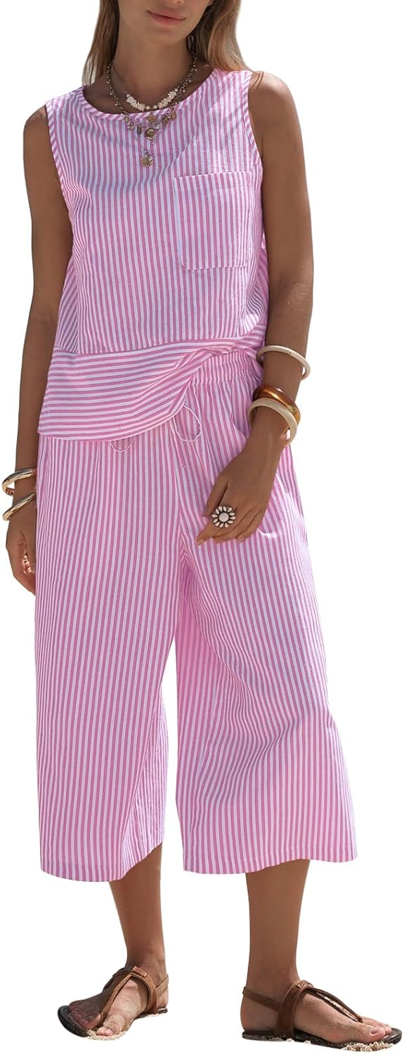 EXLURA Womens Summer 100% Cotton 2 Piece Outfits Striped Sleeveless Top Capri Wide Leg Pants Sets Faux Linen Beach Vacation
