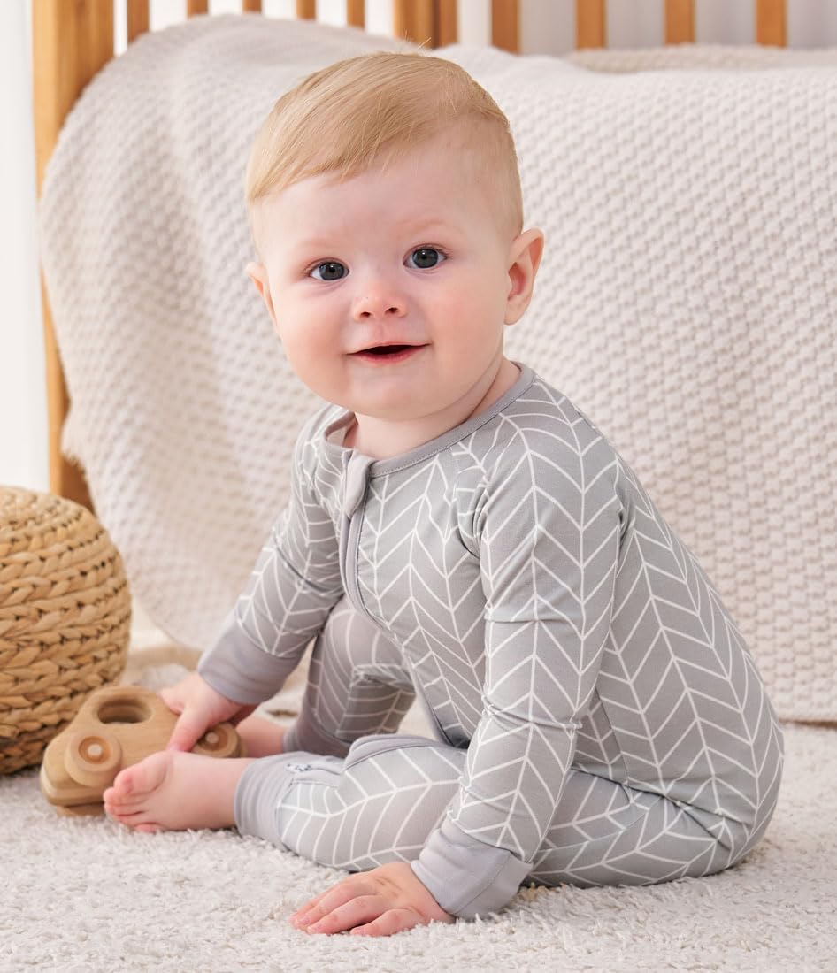Baby Bamboo Viscose Pajamas Herringbone Footless Romper - Baby Infant Boys Girls One Piece Jumpsuits Clothes (Grey, 0-3M)