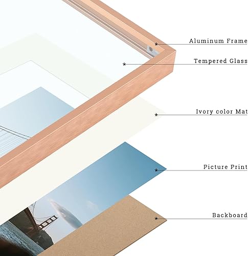 Vista 85 de Frametory - Colección de marcos de metal para fotos, marco de aluminio para fotos con alfombrilla de color marfil y cristal real Dorado