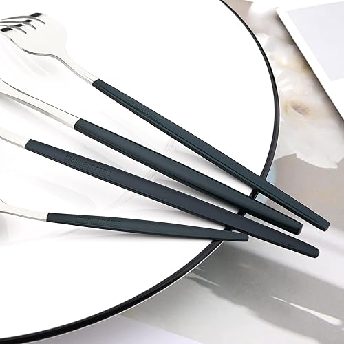 Miniatura 3 de Snplowum Juego de cubiertos de espejo, 24 piezas de cubiertos de acero inoxidable 180 con mango verde, vajilla simple y moderna para el hogar,