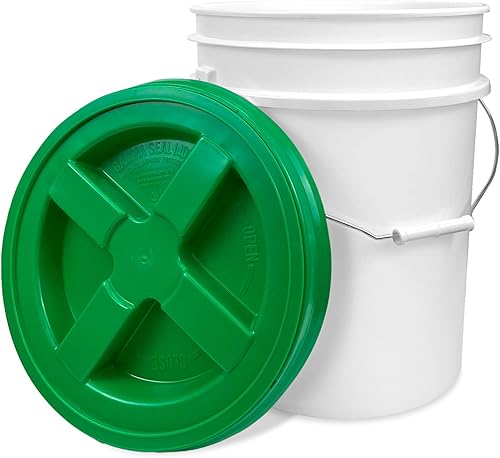 Cubo blanco de 5 galones con tapa hermética con sello gamma verde (1 unidad), almacenamiento de grado alimenticio, plástico HPDE premium, sin BPA,