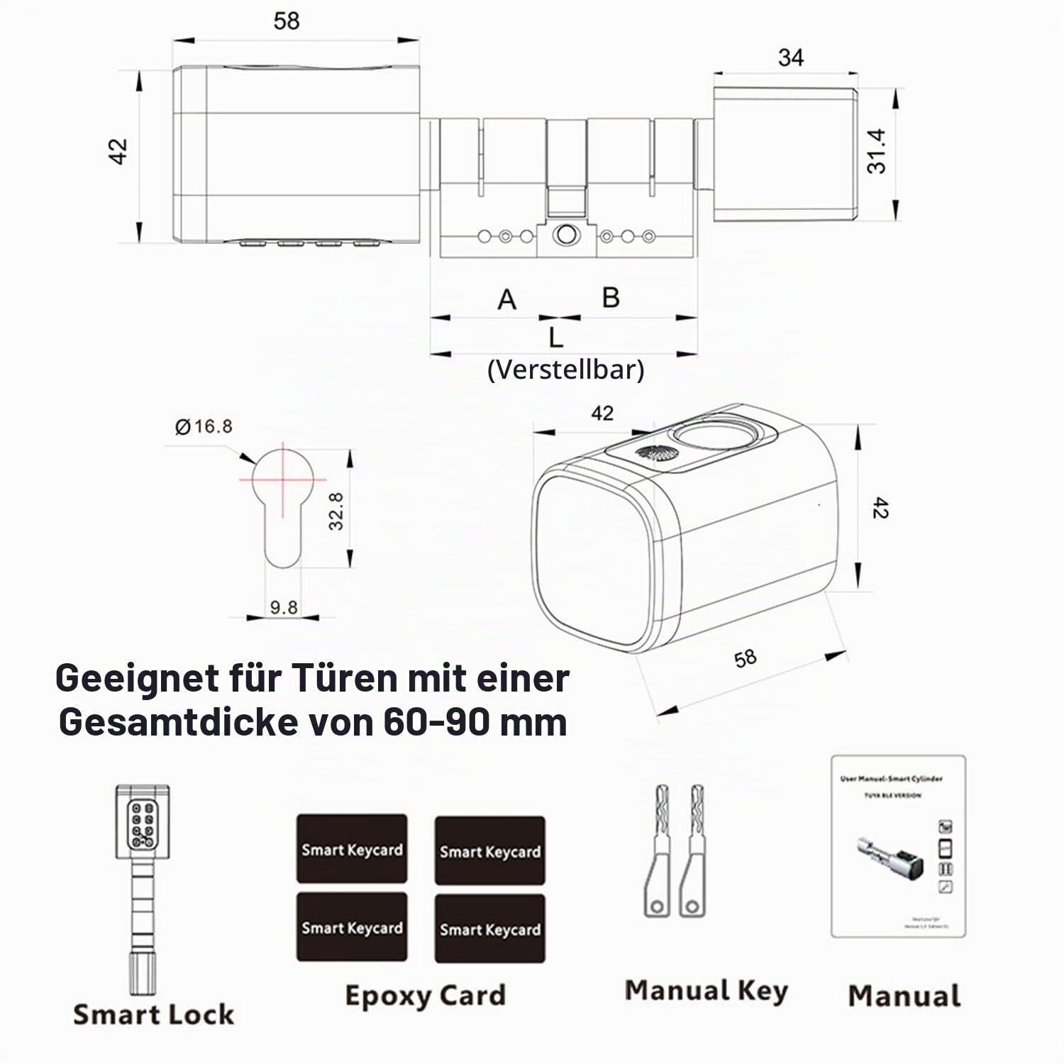 Türschloss Fingerabdruck,Elektronisches Türschloss Haustür Code,Smart Lock SchließZylinder 60mm,Fingerabdruck Schloss Mit Bluetooth und App,mit 2 Schlüssel,4 IC-Karte,für Türen von 60-90 mm(Schwarz)