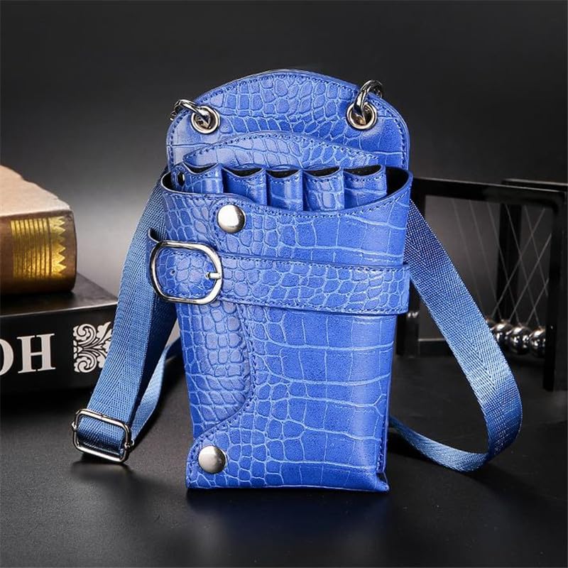 Borsa Parrucchiere Borsa professionale for forbici da parrucchiere in pelle PU con motivo a coccodrillo, 5 tasche, borsa barbiere(Blue)
