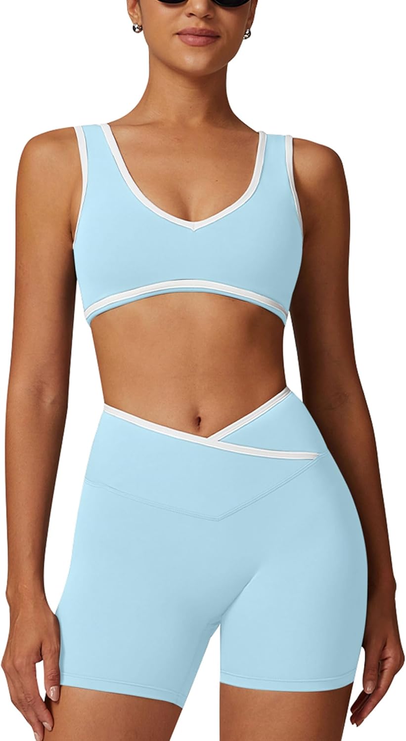 ABOCIW Workout Sets for Women Color Block Sports Bra Crossover Waist Shorts Gym Sets Woman Yoga Pilates Outfits Athletic Work Out Clothes Light Blue Large