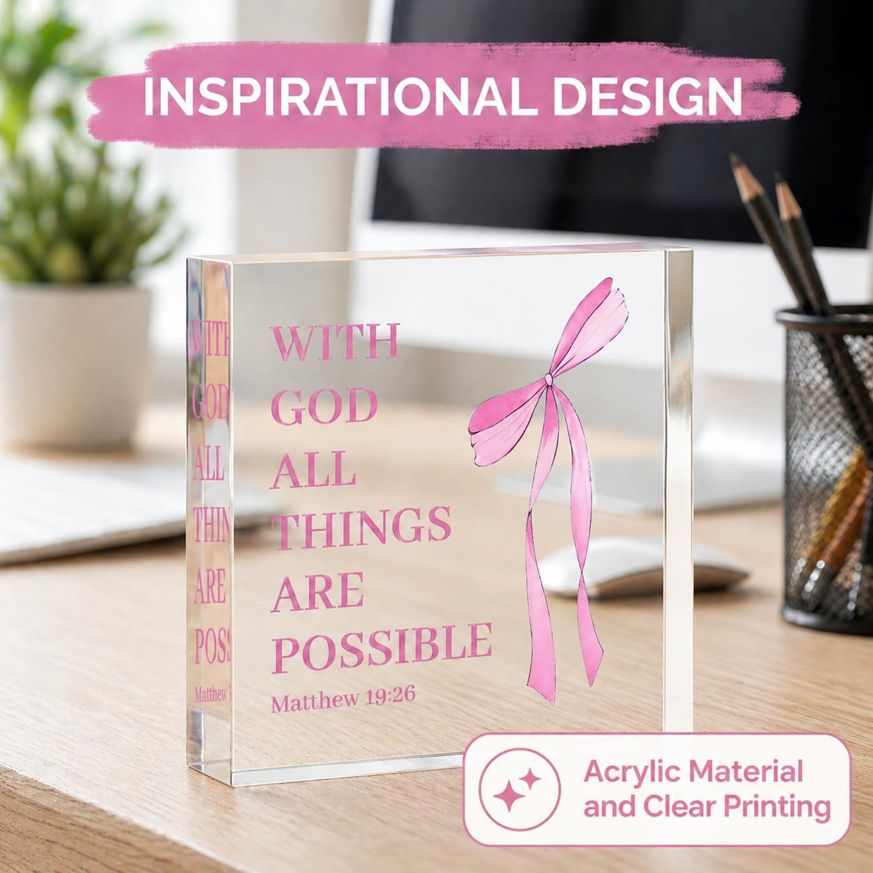 Pink Inspirational Decor Pray Over 4x4 Inch Matthew 19:26 Bible Verse Decor, Religious Inspirational Tabletop Ornament For Home Office Desk Accessories Gift For Women Believers image 2