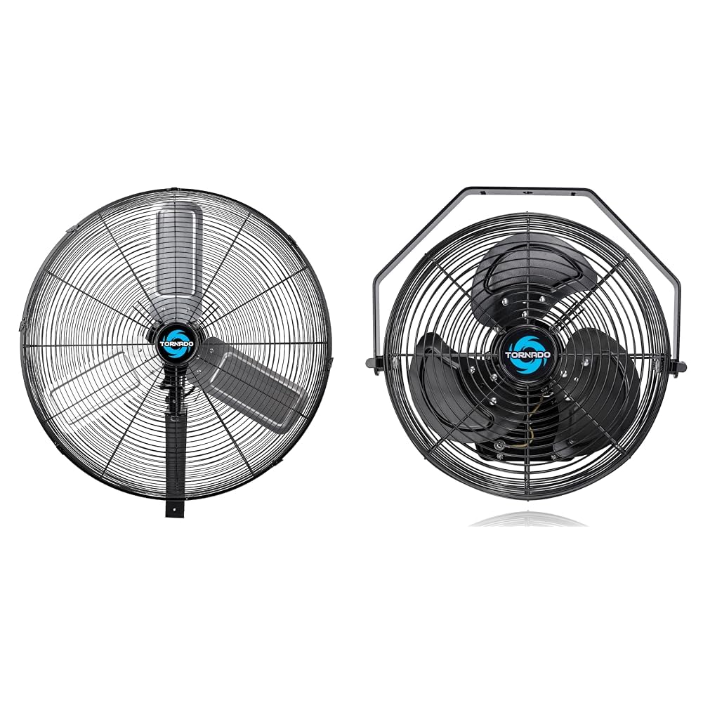 Tornado 24 Inch 7600 CFM Pro Series Oscillating Industrial Wall Mount Fan Bundle With 12 Inch 1650 CFM Outdoor Rated IPX4 Water-Resistant Metal Wall Mount Fan