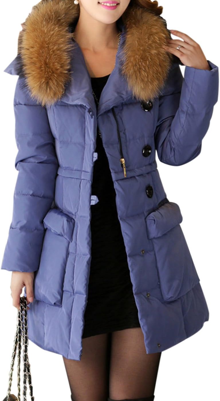 FORAR Women's Empire Line Fitted Down Jacket Parka With Racoon Fur Hooded Blue S