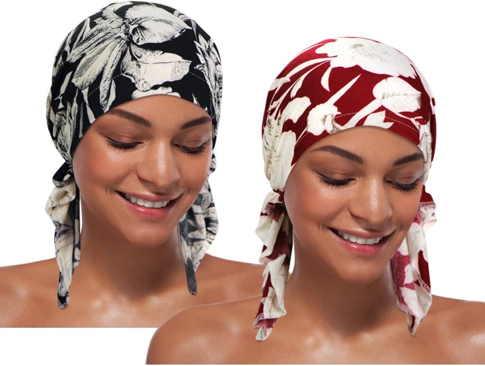 2 Pieces Chemo Hat Turban Beanie, Pre-Tied Headwraps Headwear for Women
