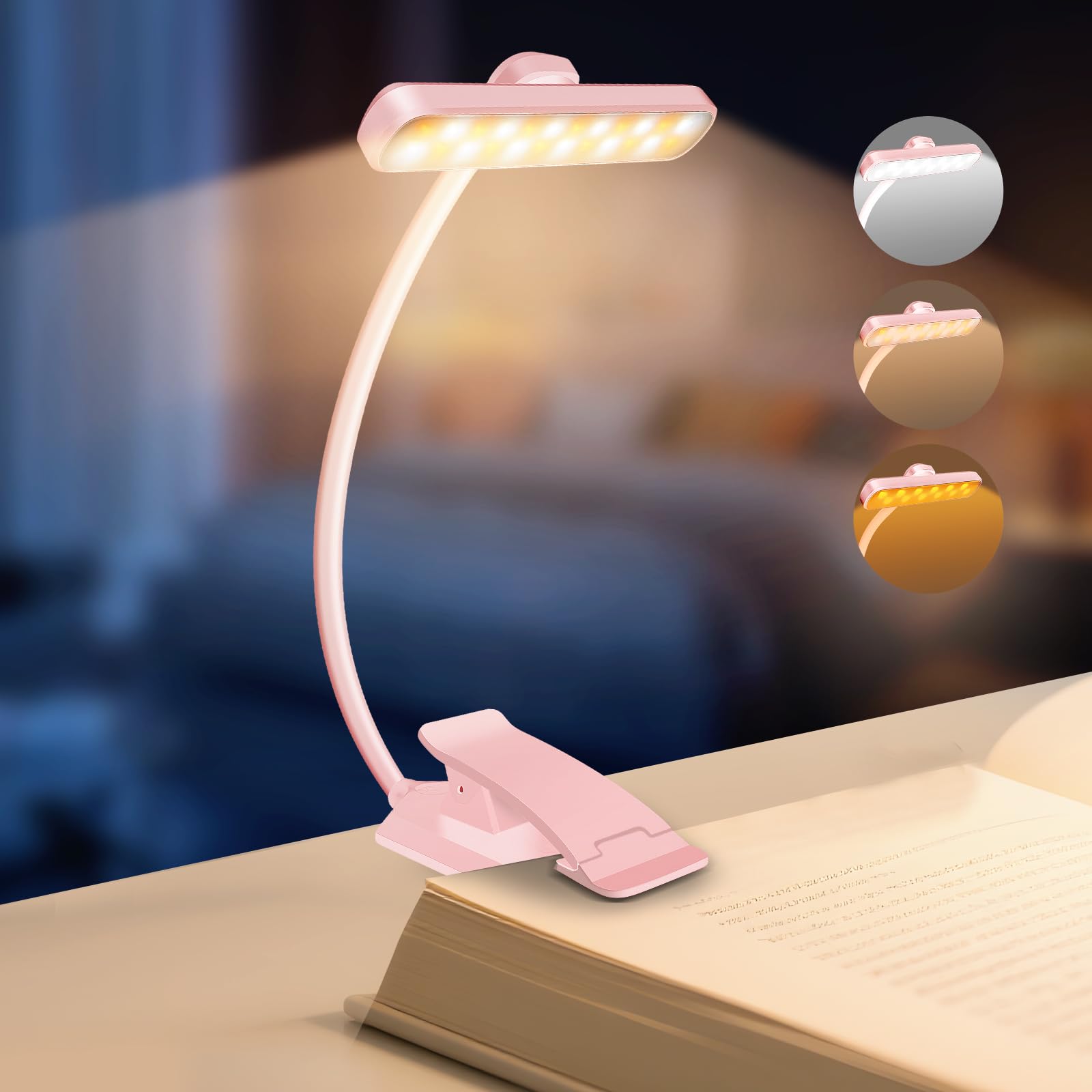 Led Leselampe Buch Klemme Akku, Buchlampe Mit 24 Leds Kinder, Usb Wiederaufladbare Leselicht 3 Farbtemperatur Modi & 5 Helligkeit Dimmbar Flexibler Schwanenhals Klemmlampe Für Nachtlesen Ins Bett Weiß