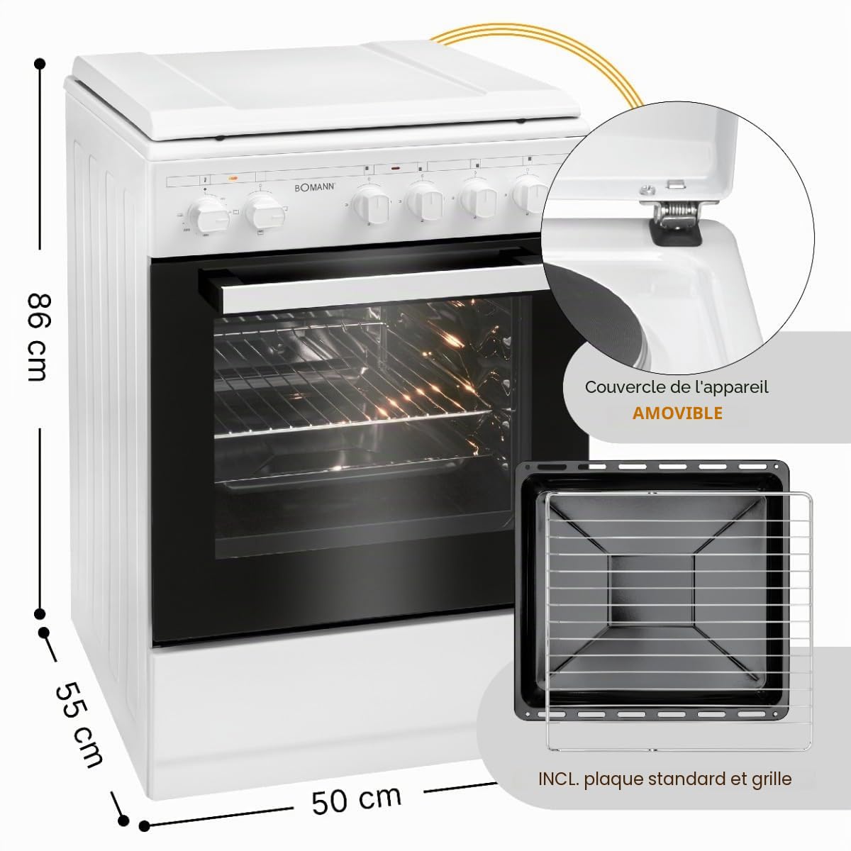 Boman, Cuisinière Electrique 4 plaques et four de 48L, Largeur 50 cm, cuisine avec plaque couvre-feu, allumage manuel, 4 foyers avec commandes, Energie A