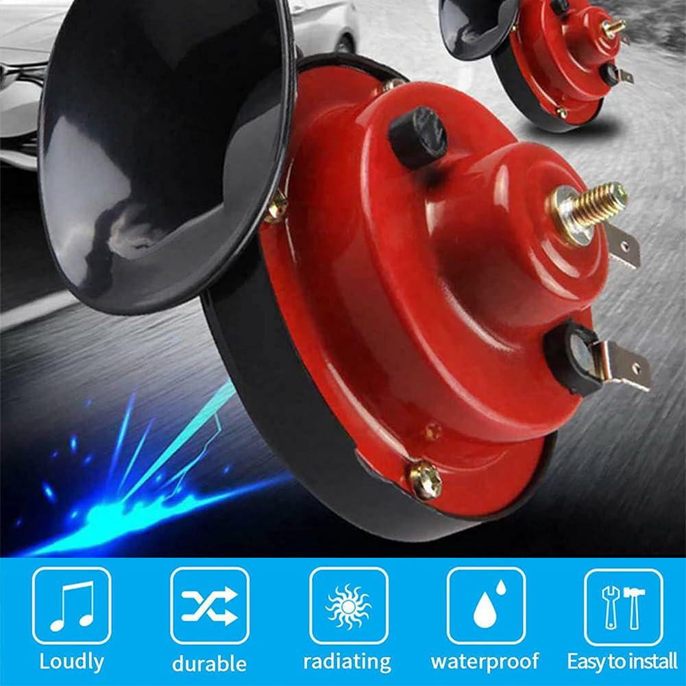 Klaxon Camion,Universal Avertisseur pour Voitures,12V Klaxons de Corne D'Escargot,Corne d'Escargot Électrique à Air pour Coiture,Klaxon Moto Avertisseur Motocycle Universel Horn (Rouge)