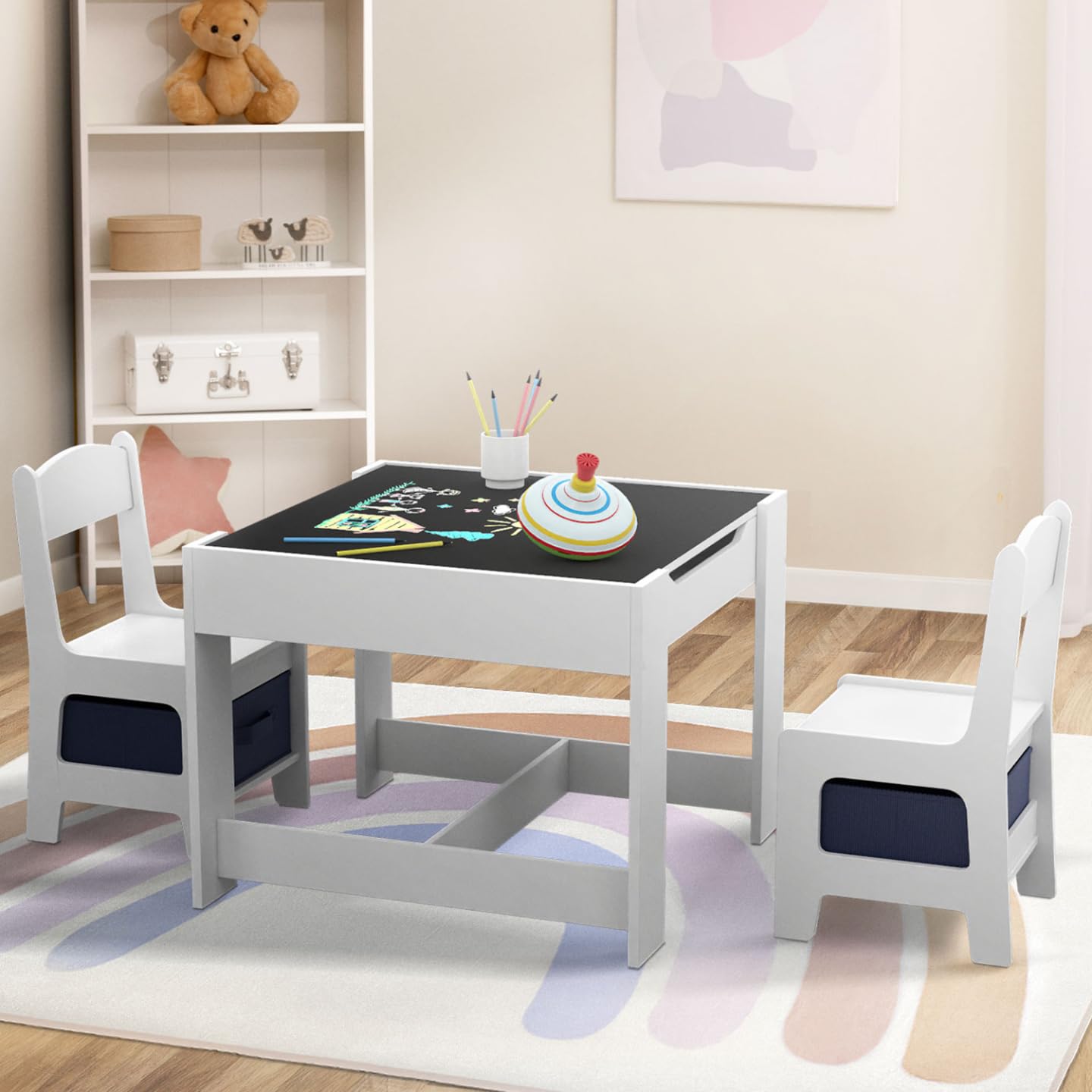 IDMarket - Table à Dessin Reversible + 2 chaises Gabriel Blanc