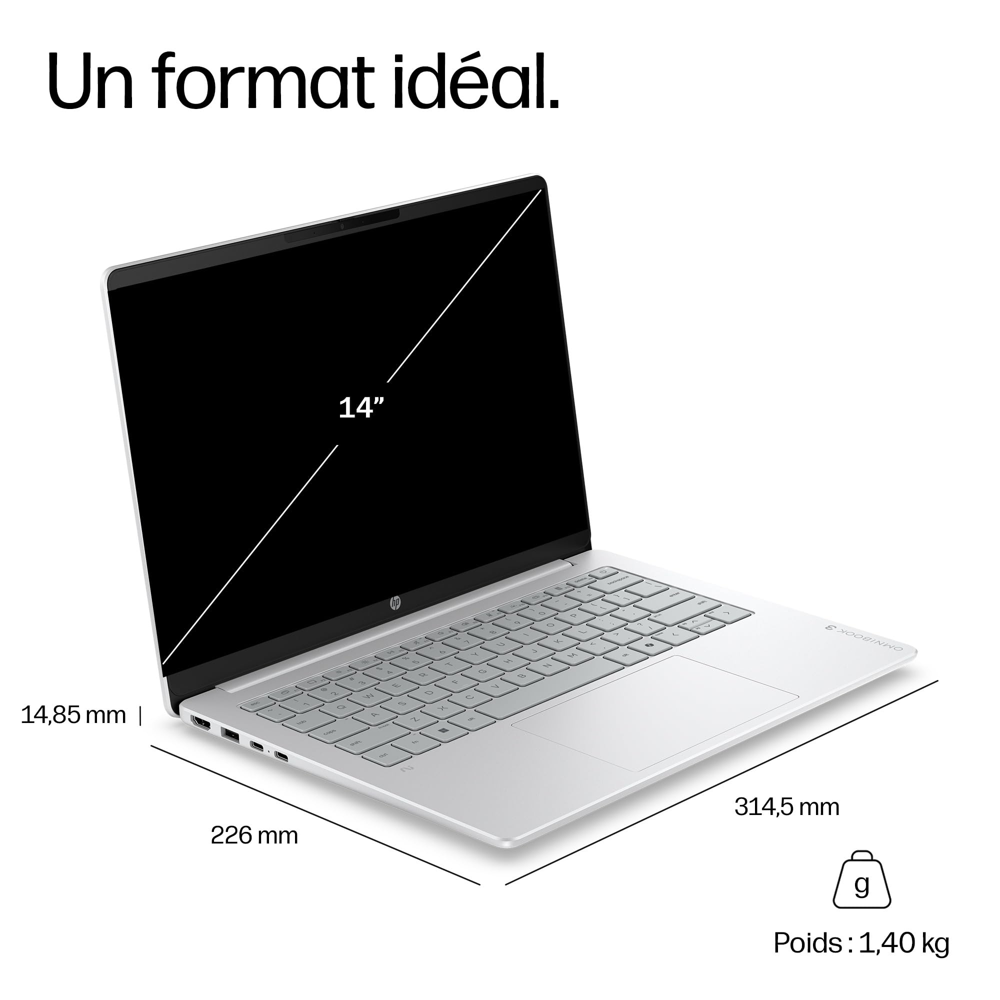 HP OmniBook 3 14-hy0002sf Ordinateur Portable 14" 2K IPS, PC Portable (AMD Ryzen 5 40, RAM 16 Go, SSD 512 Go, AMD Radeon 610M Graphics, Windows 11), Laptop Argent, Clavier AZERTY