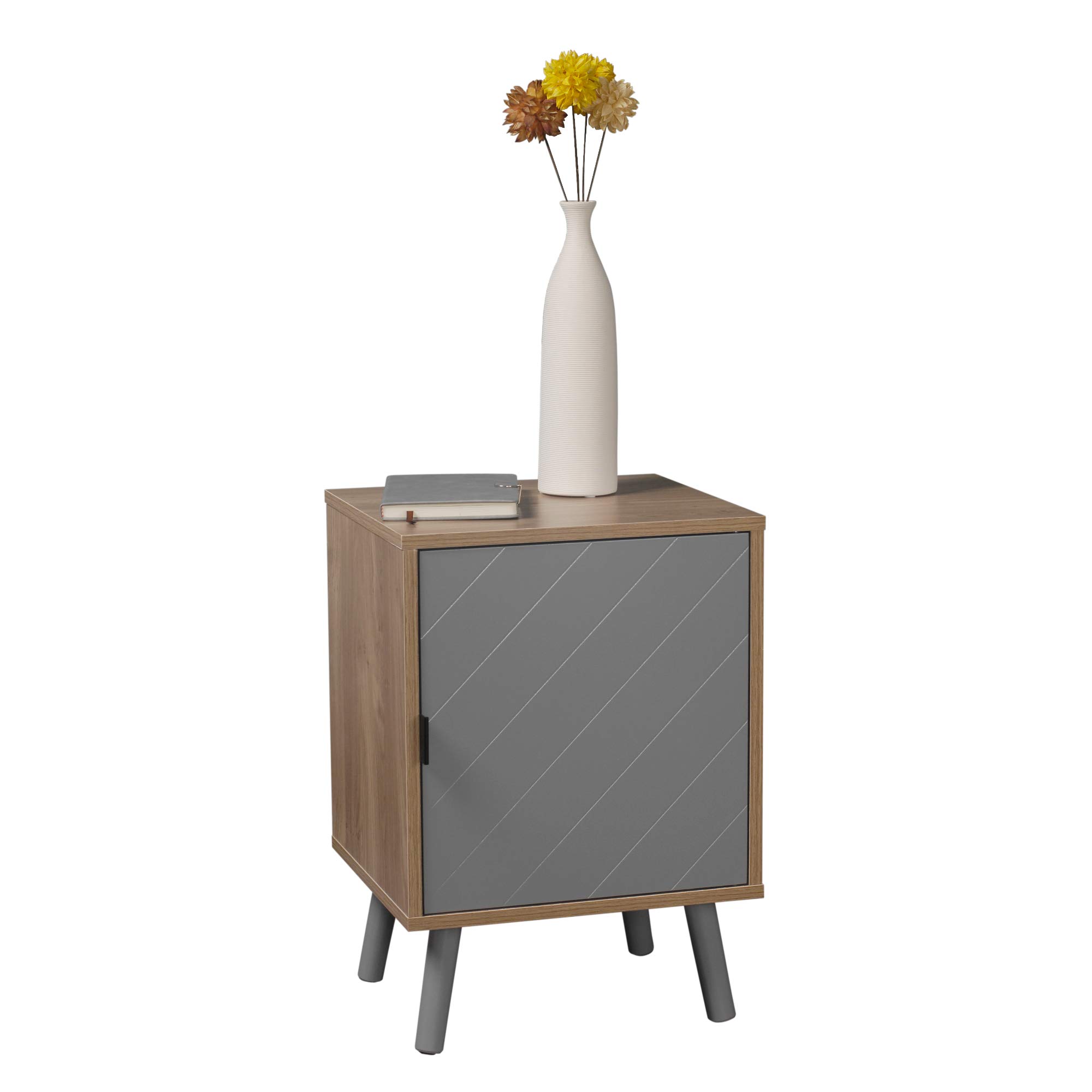 URBNLIVING Hanover 1 Door Modern Lined Wooden Bedroom Bedside Cabinet Nightstand Side Table (Oak/Grey)
