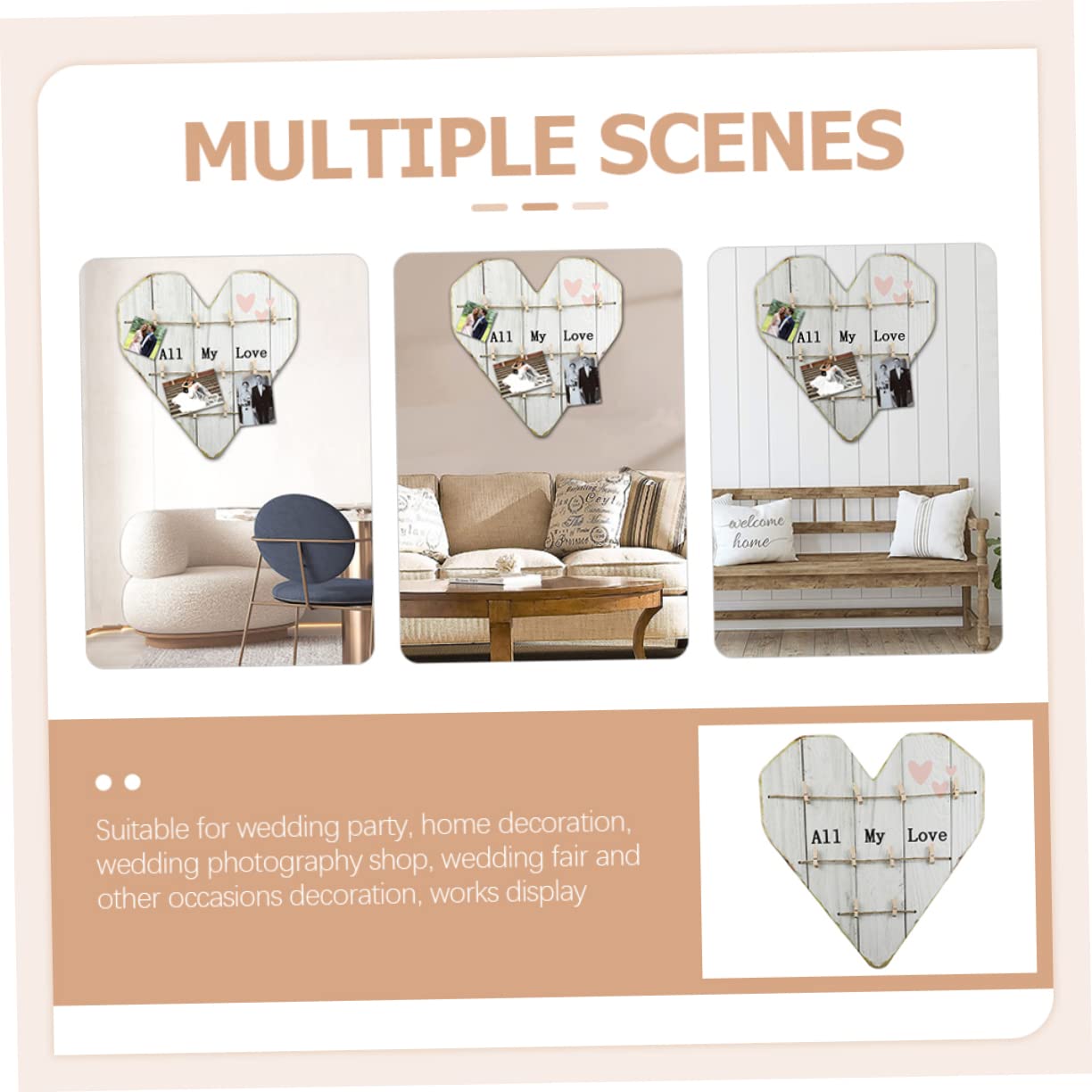Portafoto a Parete a Cuore in Legno Beige Stile Rustico