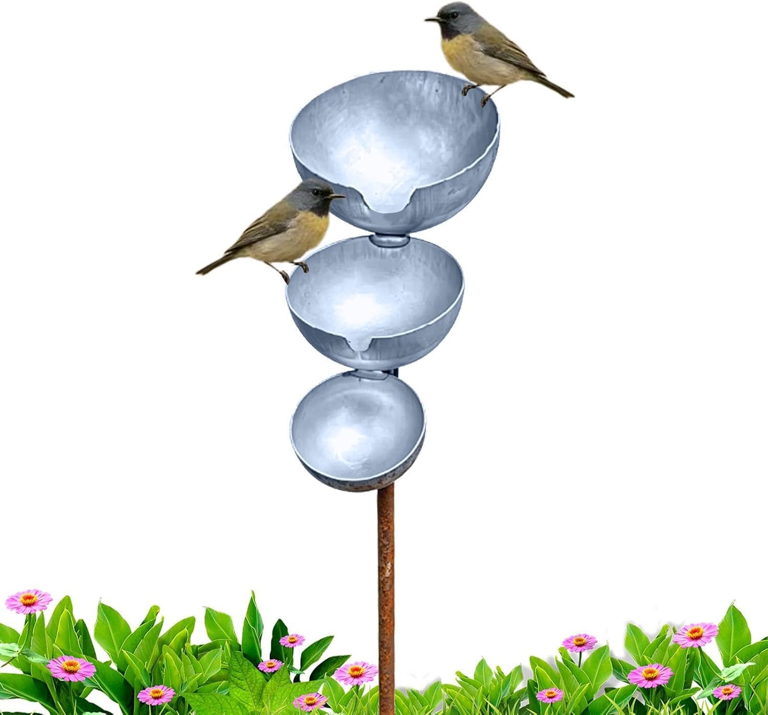 Bird Bath For Garden Rain Catchers For Garden, 68x12x5cm 3-tiered Metal Flower Gardening Stakes Bird Bath, Water Fountain Bowls For Bird Attraction & Climbing Plant Support (Silvery)