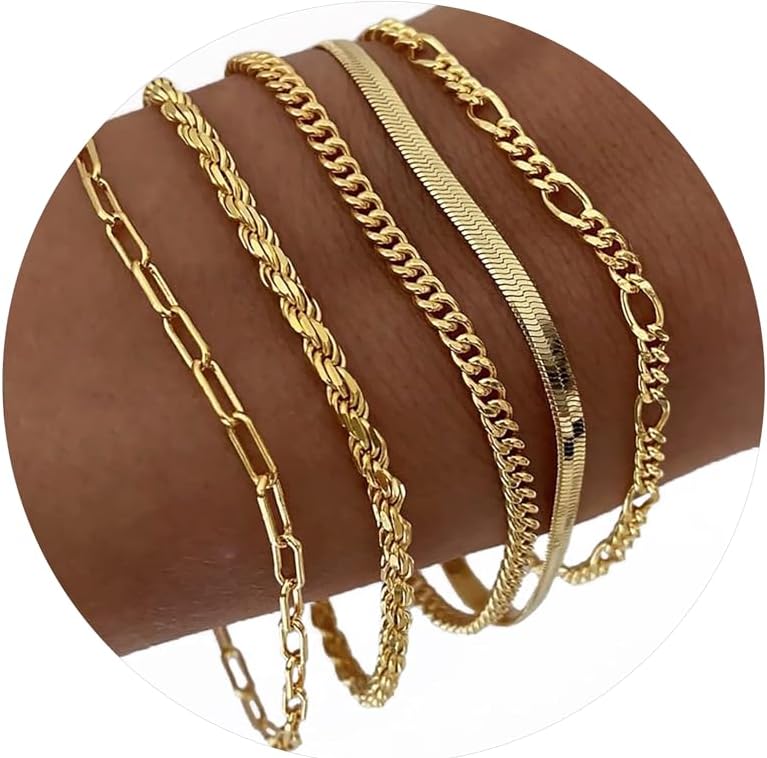 14K Gold Plated Bracelets for Women Jewelry Sets for Trendy Dainty Stackable Paperclip Rope Snake Box Figaro Chain Bracelets Pack Costume Fashion Gifts