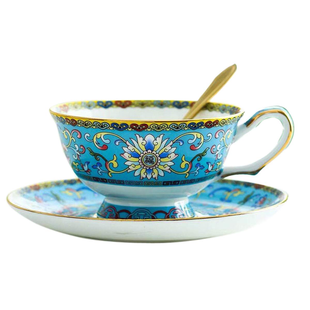 YBK TechCup& Saucer Set Bone China Tea Coffee Cup for Breakfast Afternoon Tea- Classic Enamel Patterns (Blue)