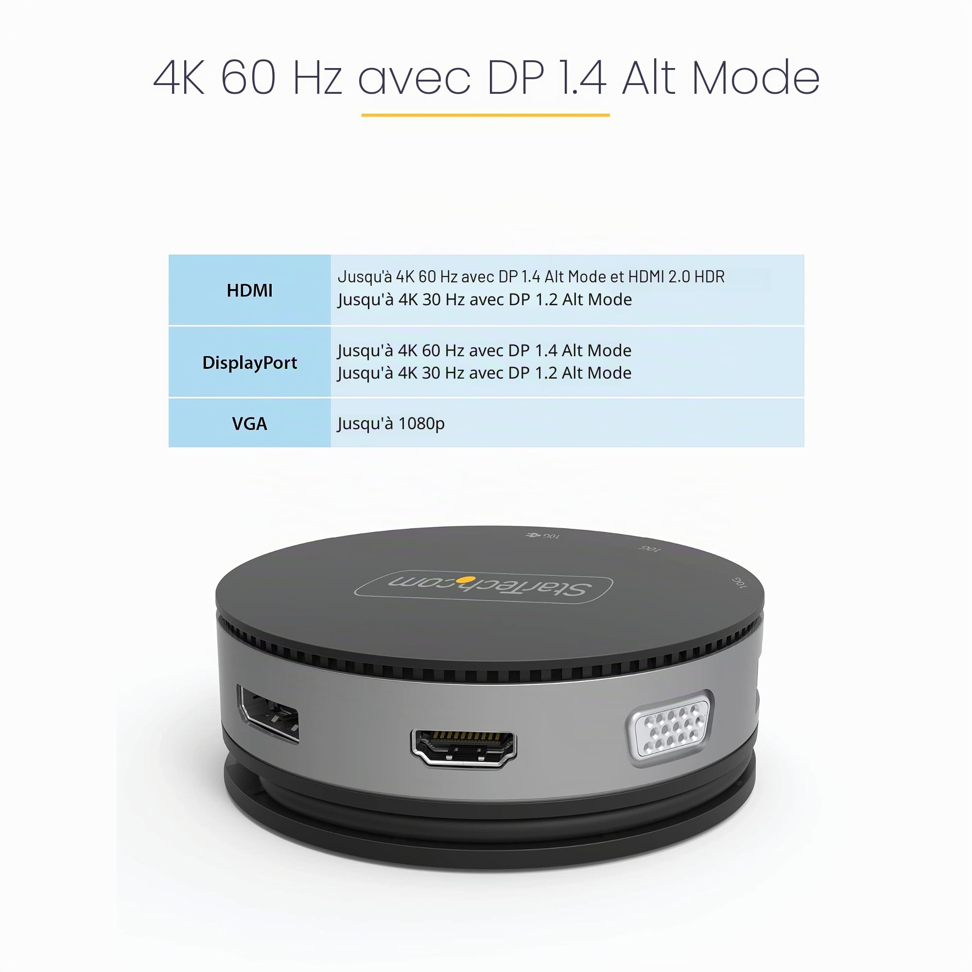StarTech Mini Dock USB-C, HDMI DP 4K 60Hz ou VGA 1080p, 75W PD, Hub 3 Ports