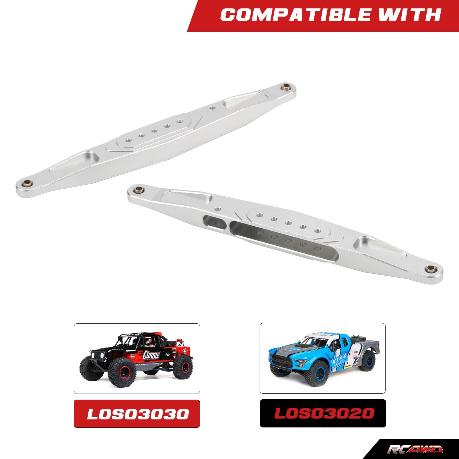RCAWD Aluminum Rear Lower Trailing Arms LOS234003 for 1-10 Losi Baja Rey Hammer Rey U4 Upgrade Parts (Silver)