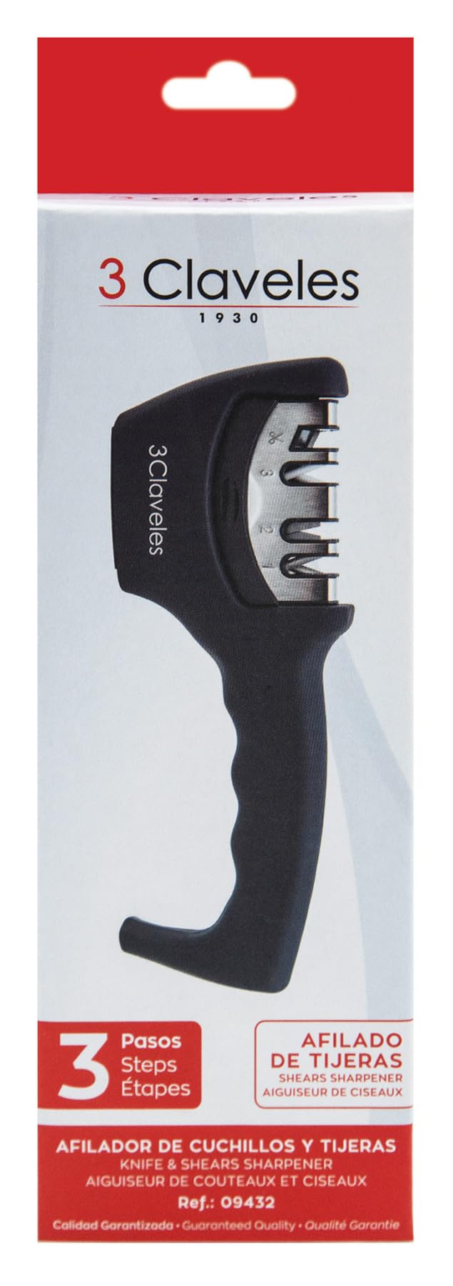3 CLAVELES - Afilador de Cuchillos, 3 Pasos: preparación, Afilado Grueso y Afilado Fino, + Afilado de tijeras. Material Carburo de tungsteno y cerámica, 20 cm, Negro