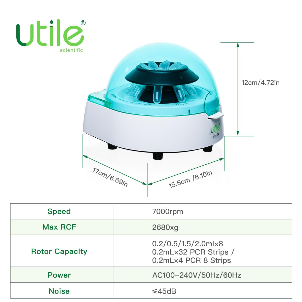 Utile Máquina centrífuga de sobremesa, con velocidad máxima de 7000 RPM, bajo ruido, 2 rotores para 8 tiras PCR de 0,2/0,5/1,5/2,0 ml y 0,2 ml x 32 o 0,2 ml x 4 tiras PCR 8, 4620.1004.08.1