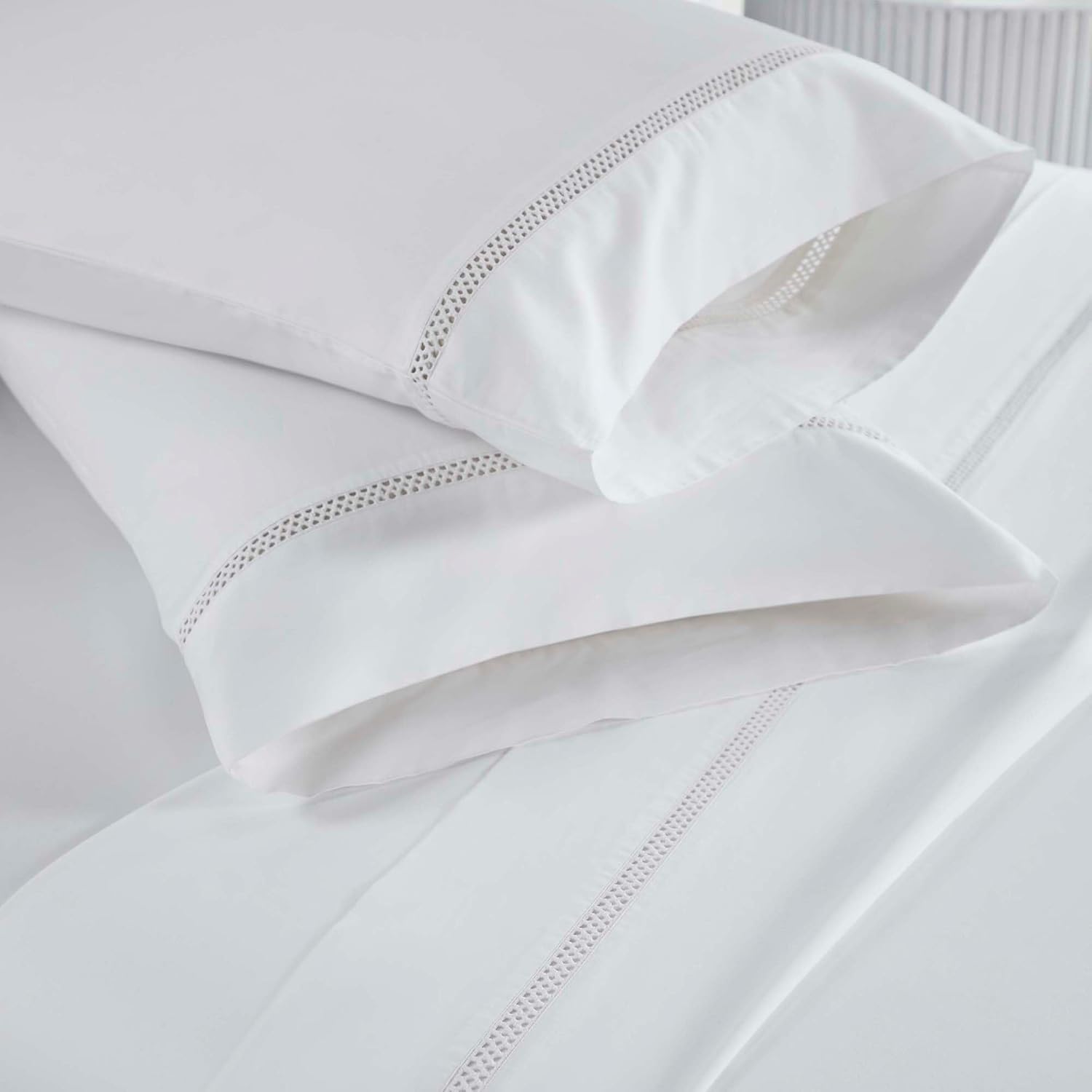 Superior Embroidered Cotton Bed Sheet Set, 1 Elastic Deep Pocket Fitted Sheet, 1 Flat Sheet, 1 Pillowcase, Daily Soft Sheets, Cotton Cross-Stitch Design, Riverton Collection, Twin, White-White