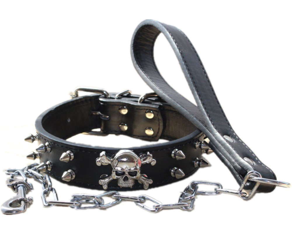 Conjunto de cadena de cuero con tachuelas de 3 cm de ancho para perro de 3 cm de ancho para Pitbull Husky Mastiff Terrier (L, negro)