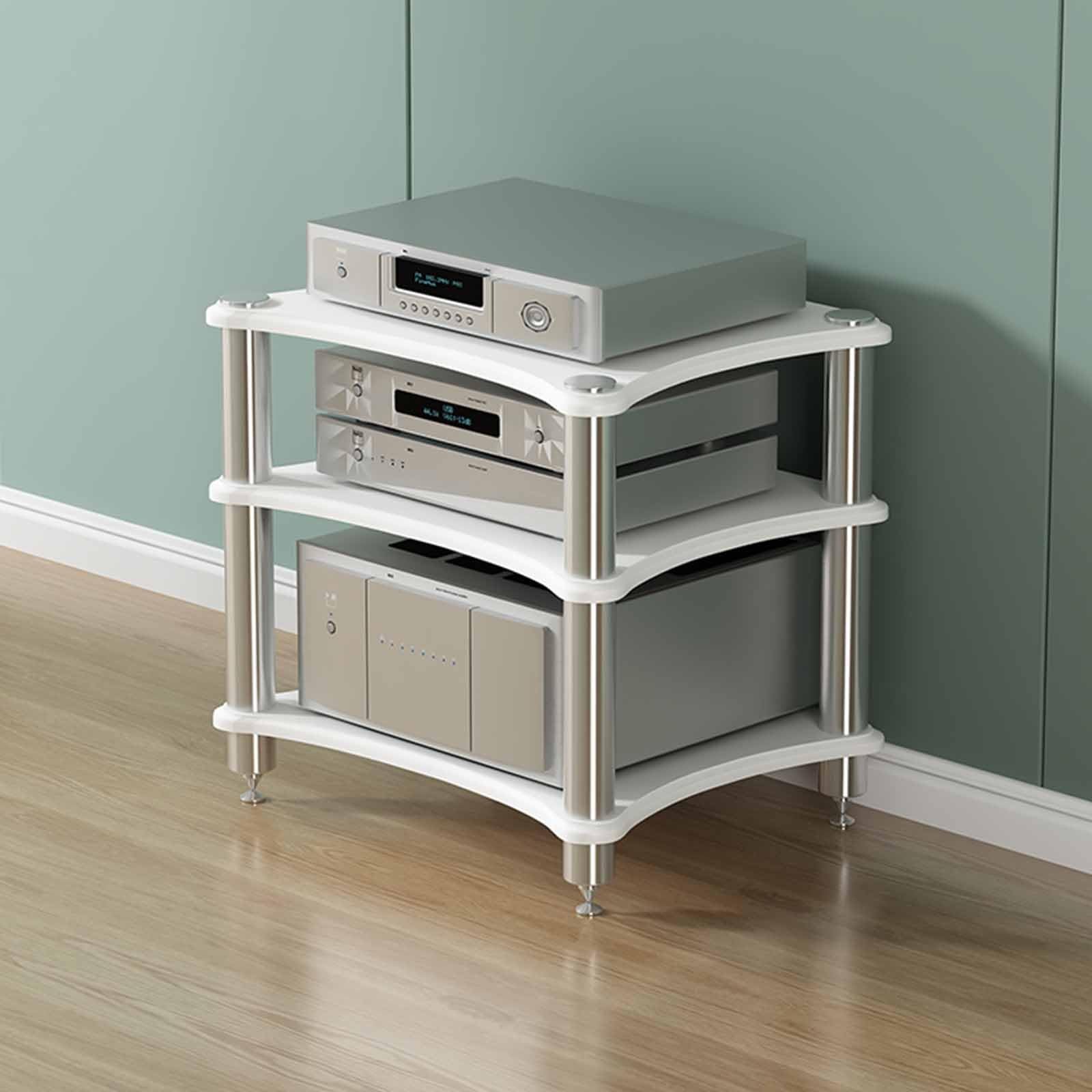 Mueble audiovisual de 3 niveles blanco con pies de choque regulables para equipos de música