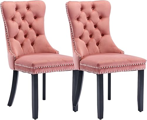 Juego de 2 sillas de comedor con respaldo de ala de terciopelo copetudo, patas de madera maciza
