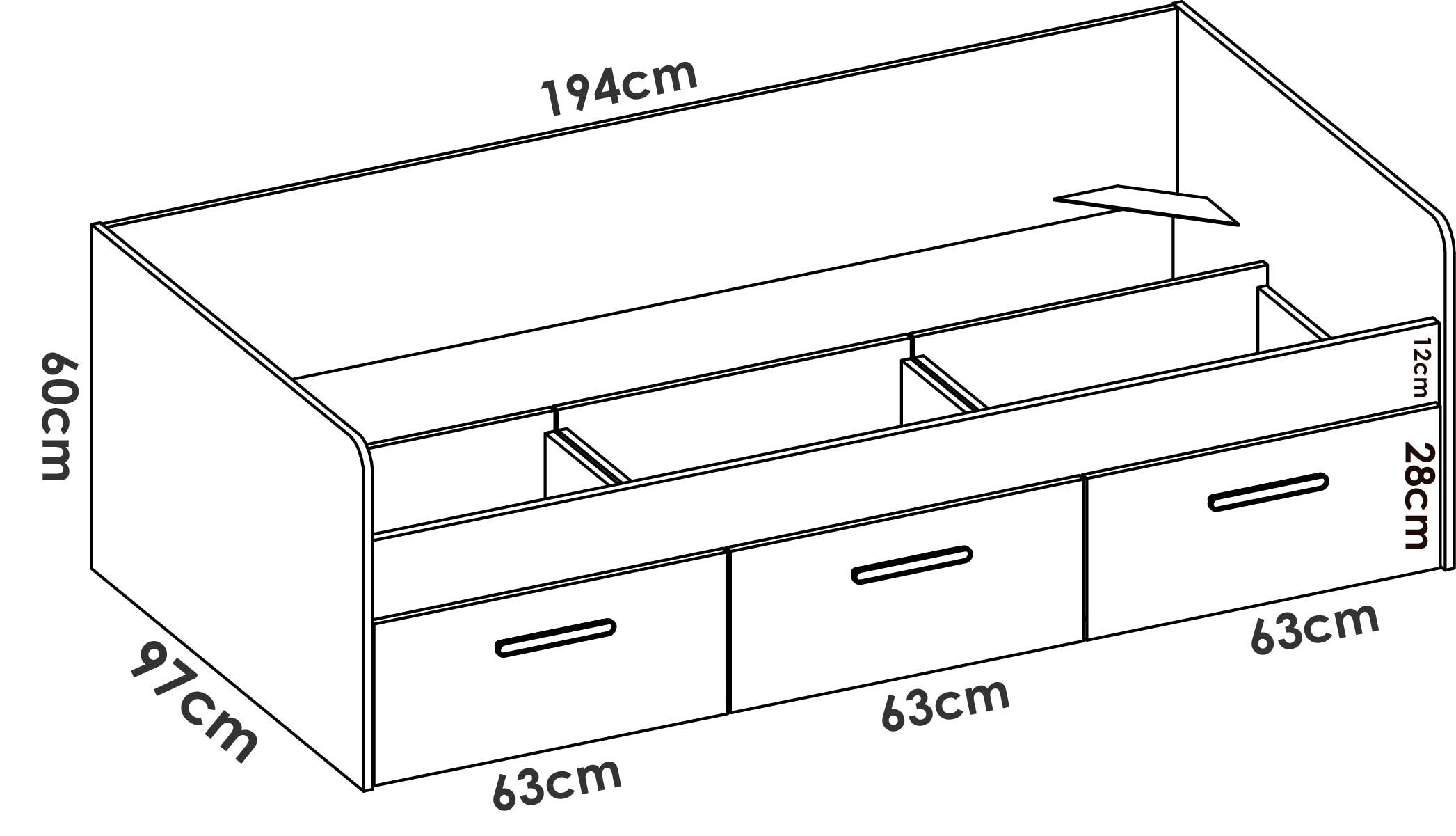 Mobelcenter, Cama Juvenil Mek con Cajones, Cama Infantil o Juvenil 90x190 con 3 cajones, Acabado Color Blanco, Medidas: Ancho: 194 cm x Fondo: 97 cm x Alto: 60 cm (1433)