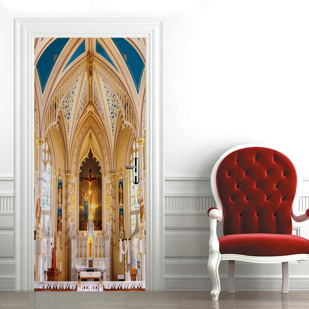 Sticker de porte 3D église 73x205 cm en vinyle trompe l'oeil auto-adhésif