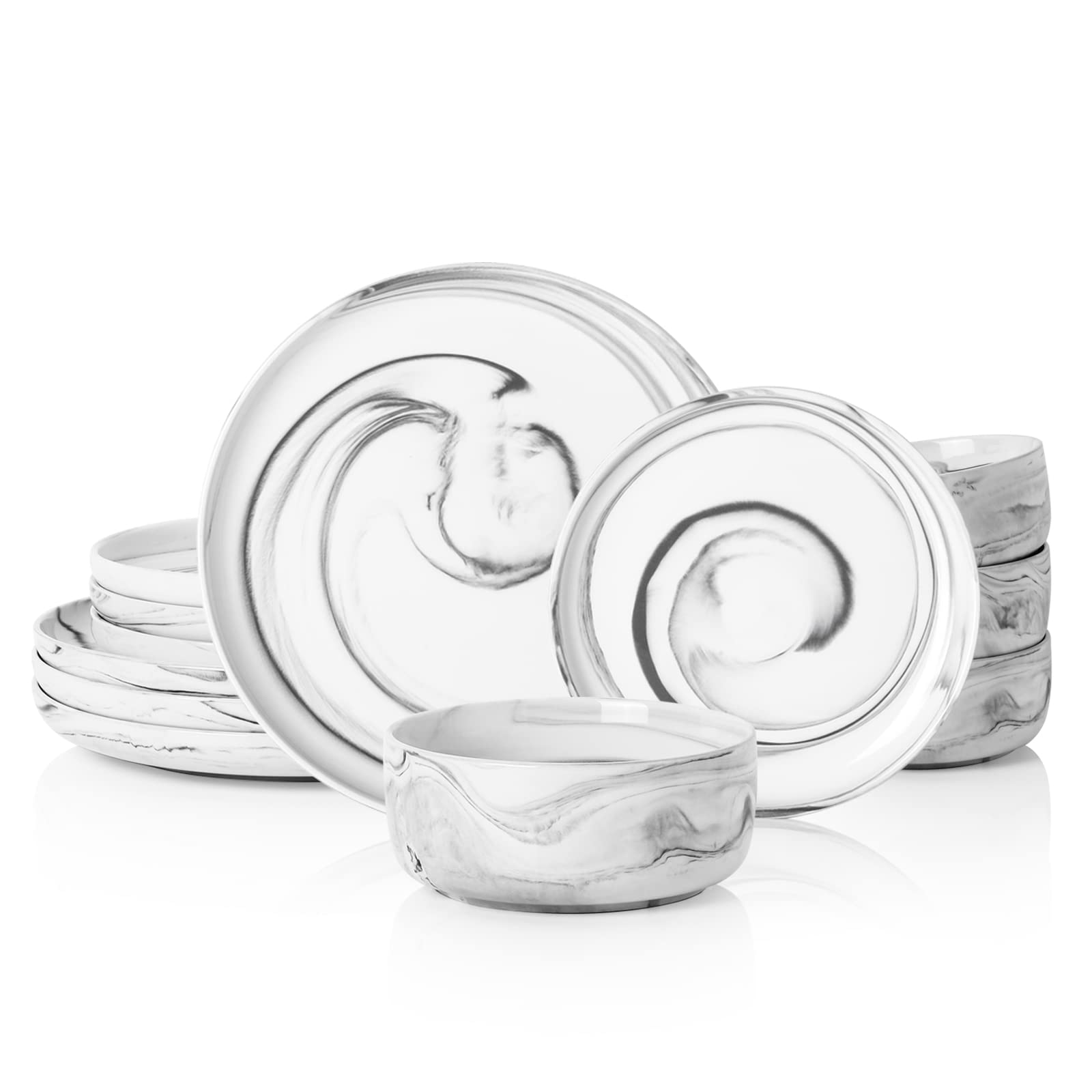 Kanwone Porcelain Dinnerware Sets for 4, Round Plates and Bowls Sets, 12 Piece Marble Serving Dish Set with Dinner Plates, Dessert Salad Plates and Cereal Bowls, Microwave, Oven and Dishwasher Safe