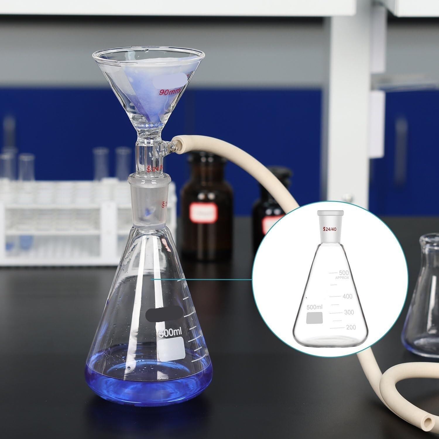 Matraz de Erlenmeyer de vidrio borosilicato de 1000 ml con tapón de vidrio, unión cónica 24/40, pared gruesa(1000 ml)