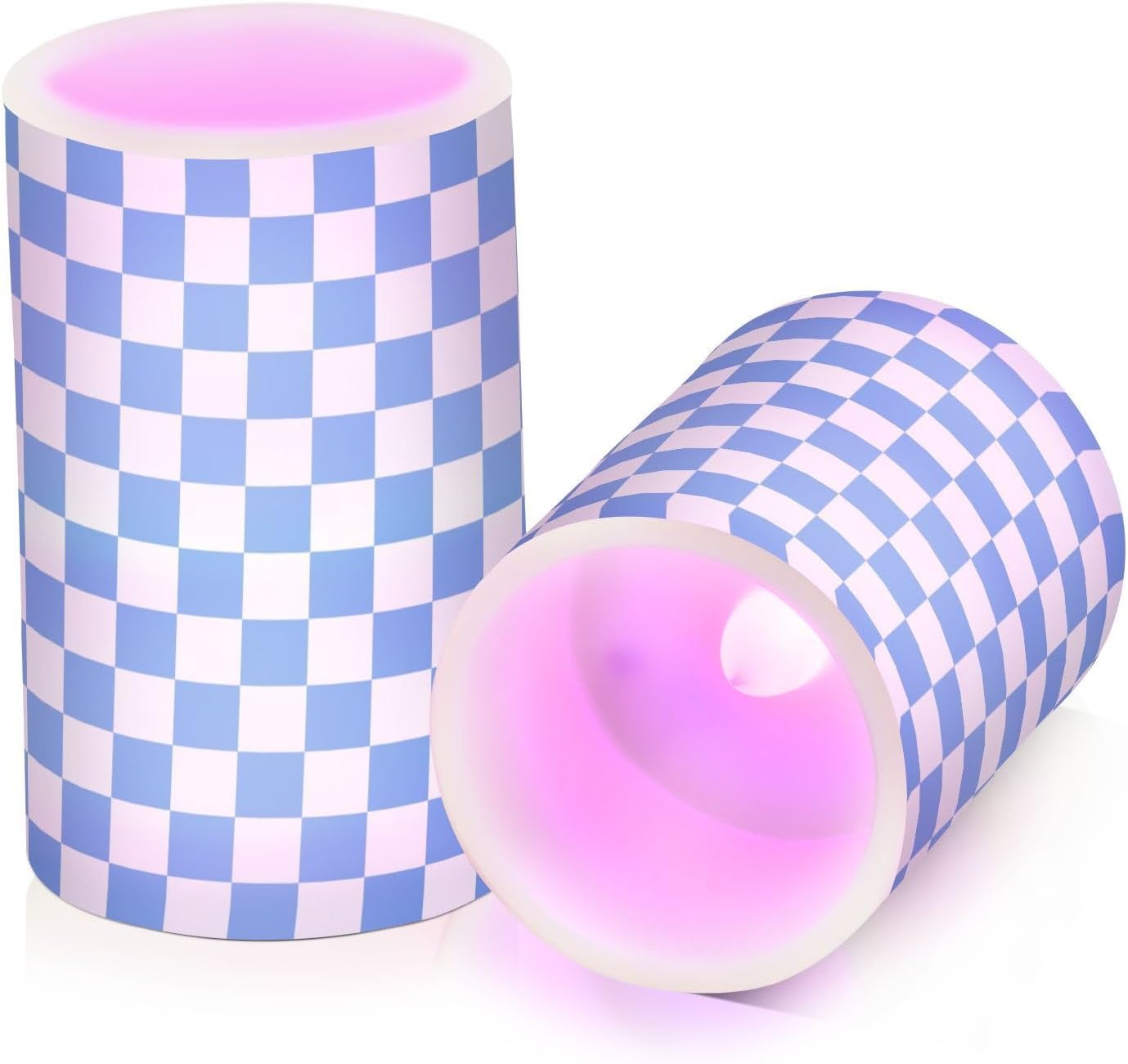 Light Blue White Checkered Flickering Flameless Candles LED Battery Operated with Remote Timer Pillar Candles for Home Birthday Wedding Christmas Decor, Set of 2