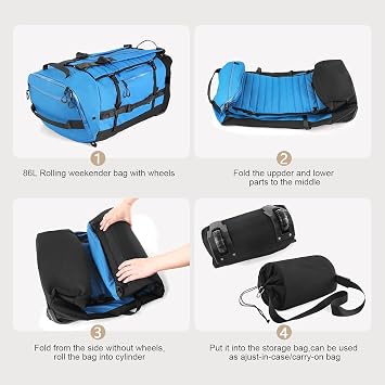 Rolling Duffle Bag with Wheels,86L 30Carry on Luggage with Wheels,Folding Travel Bag,Duffle Backpack with Separate Shoe Compartment (Blue)