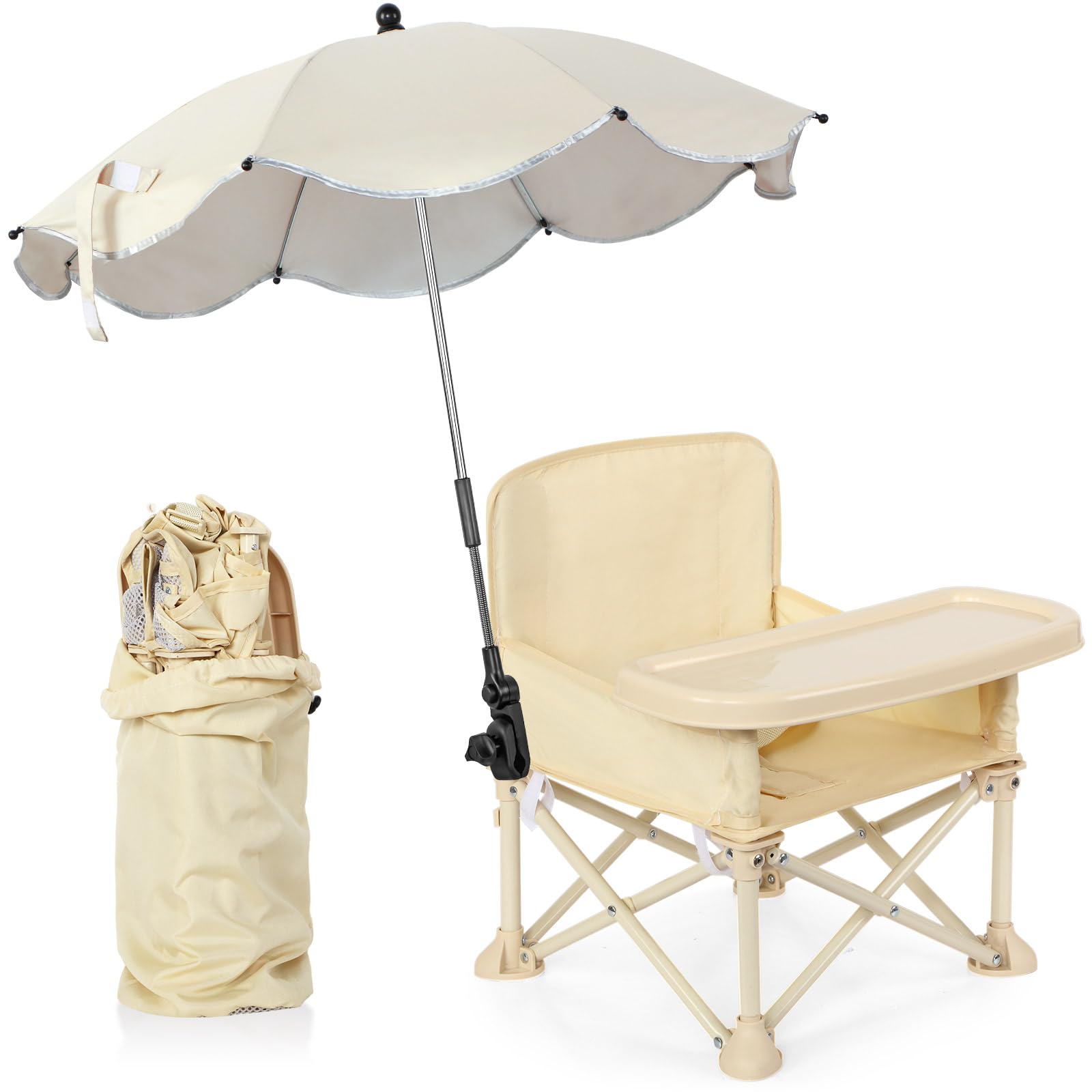 Photo 1 of Mifoci Baby Outdoor Beach Chair with Umbrella Kids Travel Folding Seat with Tray Compact Portable Chair with Storage Bag, Backrest Pocket for Dining Table, Camping, Light Brown