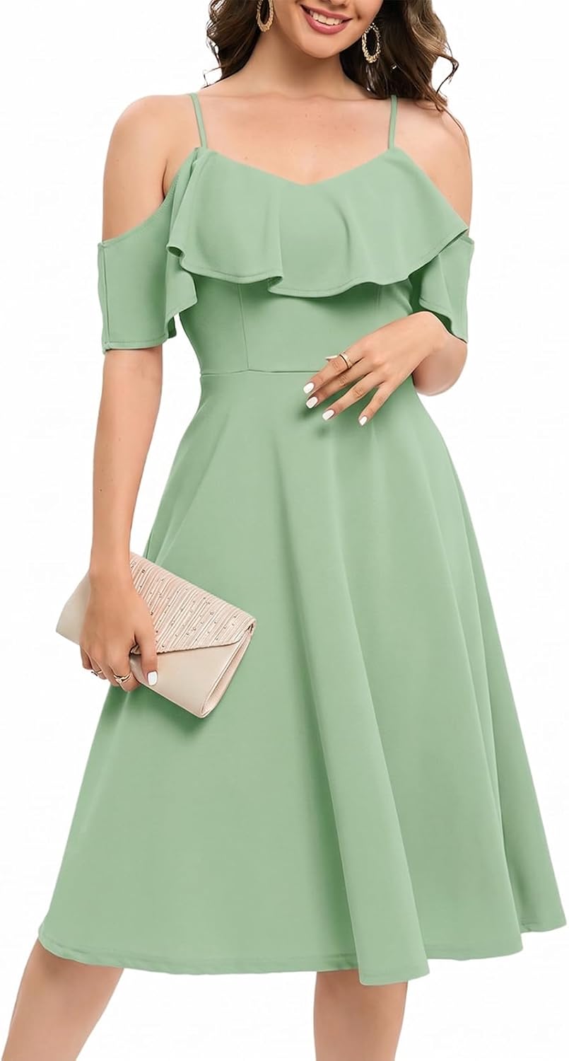 Bbonlinedress Womens Off The Shoulder Cocktail Dress, Formal Wedding Guest Prom Party Homecoming Graduation A-line Midi Dress