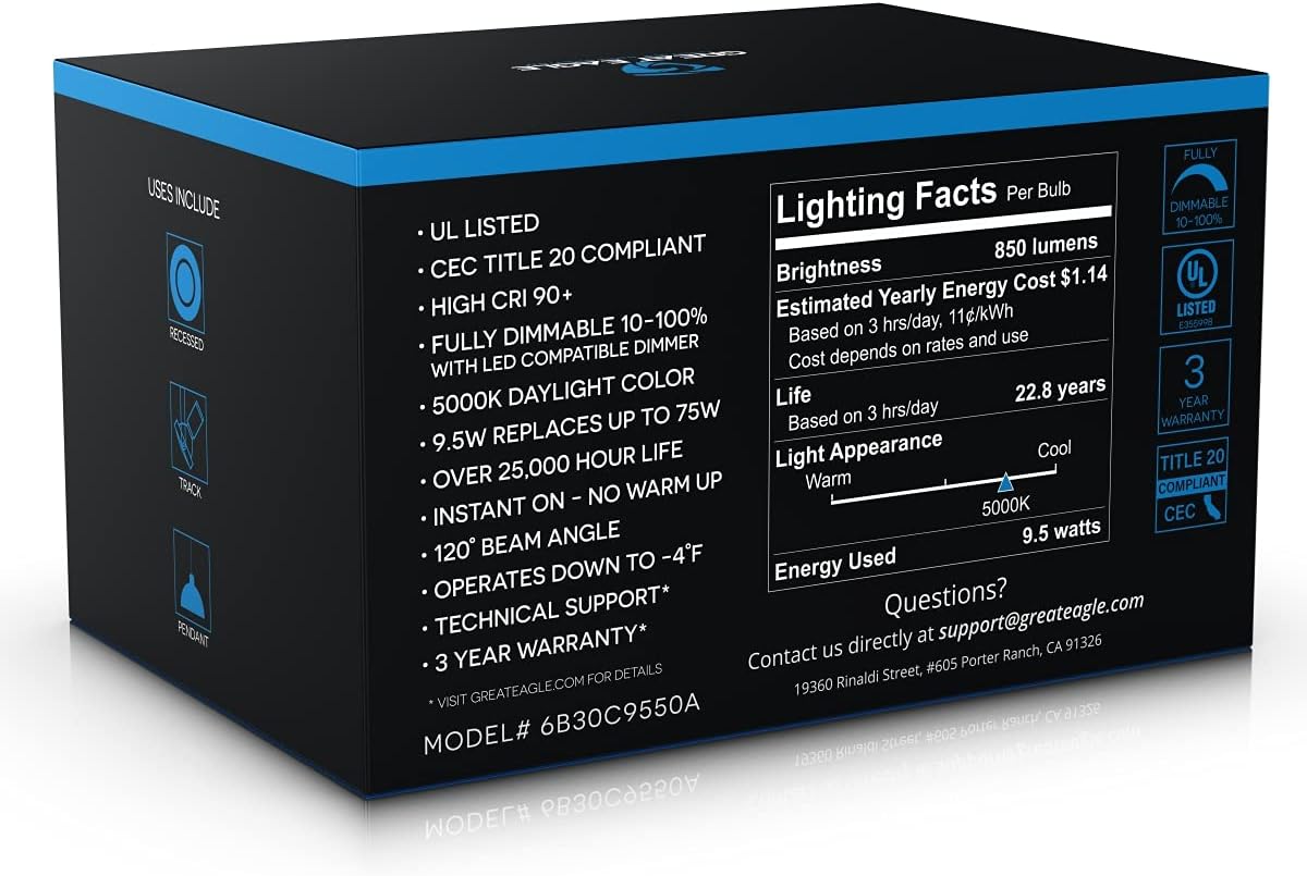 Great Eagle 6 Pack BR30 Light Bulb LED Recessed Can Light Bulbs, Indoor Flood Light Bulb 850 LM, 11W (65W Equivalent), 5000K Daylight, Dimmable, E26 Base, High CRI 90 for Home, Kitchen, Bedroom UL