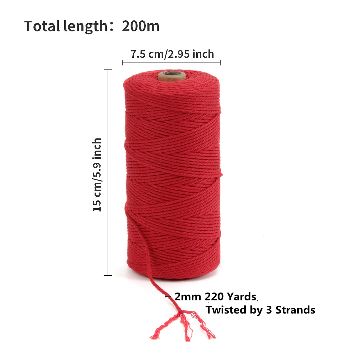POZEAN sznurek do makramy, 2 mm x 220 m (ok. 200 m), kolorowa lina do makramy, 100% naturalna bawełniana lina do powieszenia na ścianie, wieszaki na rośliny, rękodzieło, robótki na drutach, Boże