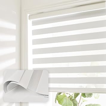 Cordless Zebra Blinds for Windows Shade Dual Layer Free-Stop Light Filtering Blackout Roller Blinds Thermal Insulated Privacy Protection, Inside or Outside MountWhite,24W x 72H