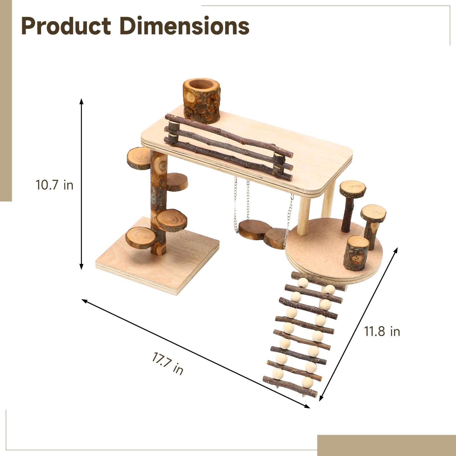 Parque infantil de madera para hámster de 44,9 x 30 x 27,2 cm, centro de escalada y actividad con plataforma, escalera, columpio, comedero y juguete masticable para animales pequeños