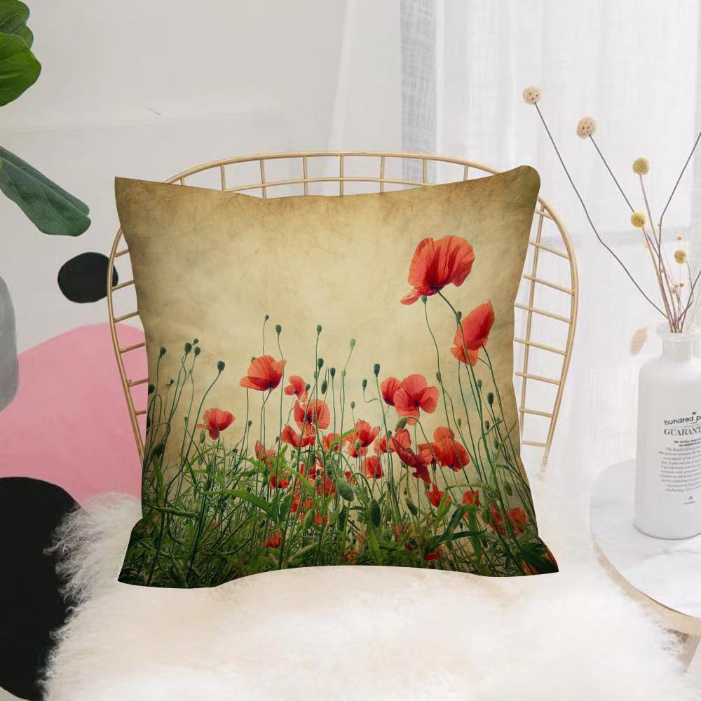 HYOSXW Cushion Cover,Throw Pillow Case Home Decorative for Living Room Bedroom Sofa Chair 16X16 Inch,Poppies, poppy flower fields with distressed texture,Pillowcase 40X40cm