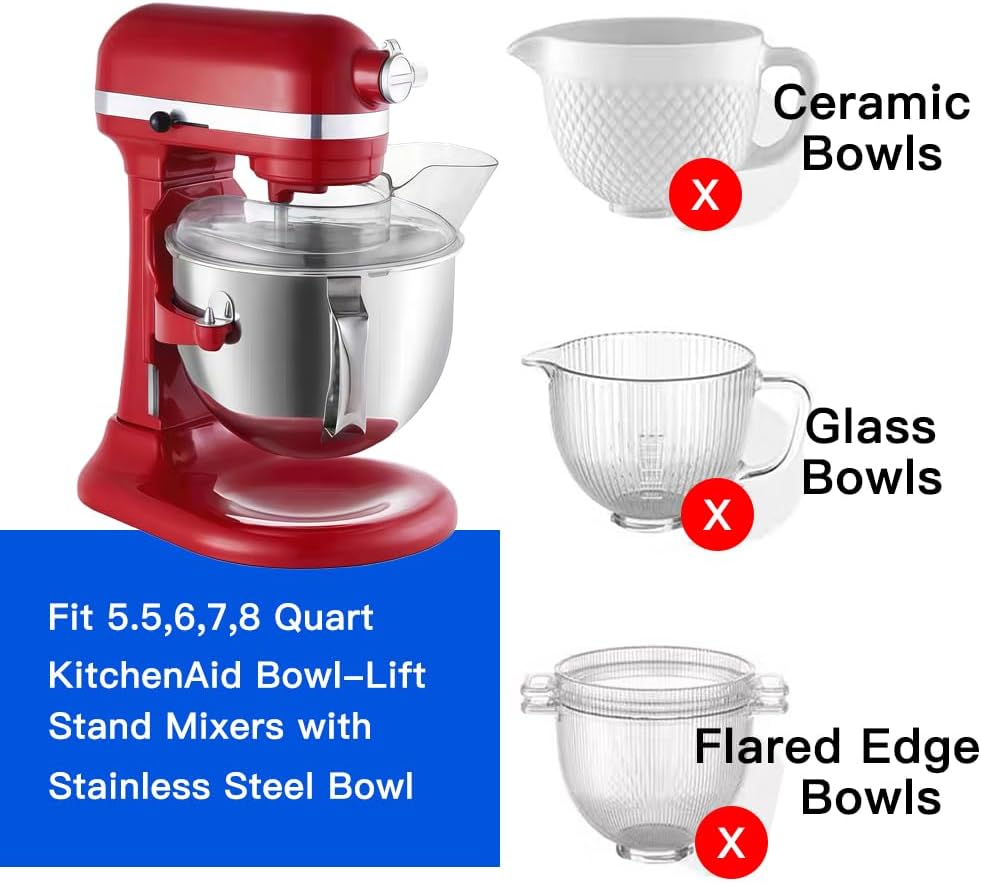 Pouring Shield Compatible for Kitchenaid 5.5 Quart, Splash Guard Fits Kitchenaid 6 Quart & 7-8 Quart Tilt-Head Stand Mixers with Stainless Steel Bowls