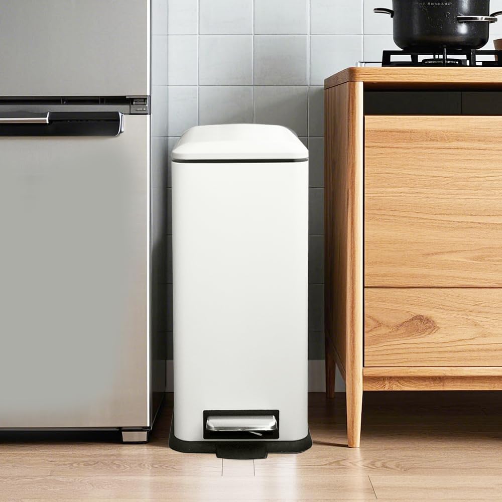 Mülleimer Küche, Schmaler Abfalleimer mit Deckel, Weiß Mülleimer | 30 Liter, Edelstahl Küchenmülleime, Küchenmülleimer mit Softclose-Deckel, Inneneimer, Treteimer für Küche,Wohnzimmer und Büro