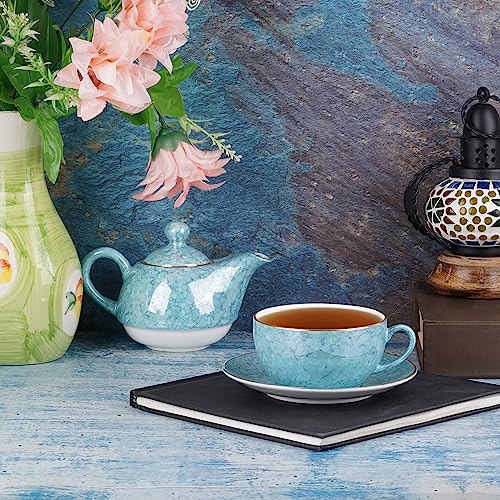 Image of Dandy Lines Tea for One Set in Aqua Gold, Elegant Tea Set with Kettle, Premium Tea Cups and Pot, Bone China, Pack of 4, Microwave & Dishwasher Safe, Great for Hosting & Gifting