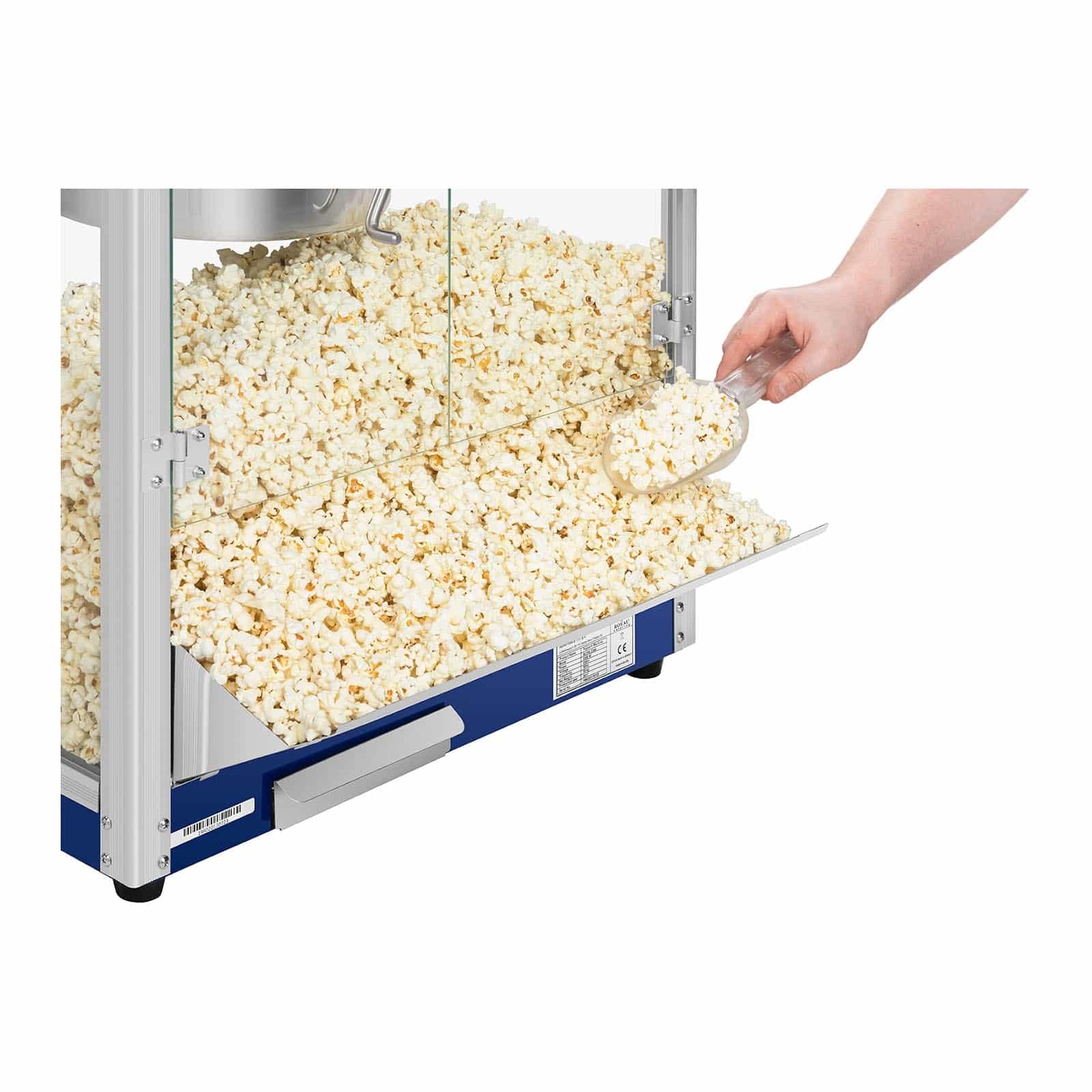 Royal Catering XXL-Popcornmaschine 2350 W 8 kg/h 193 L beleuchteter Innenraum Blau Wärmefunktion entnehmbarer Topf mit Antihaftbeschichtung Krümelschublade Popcornmaker