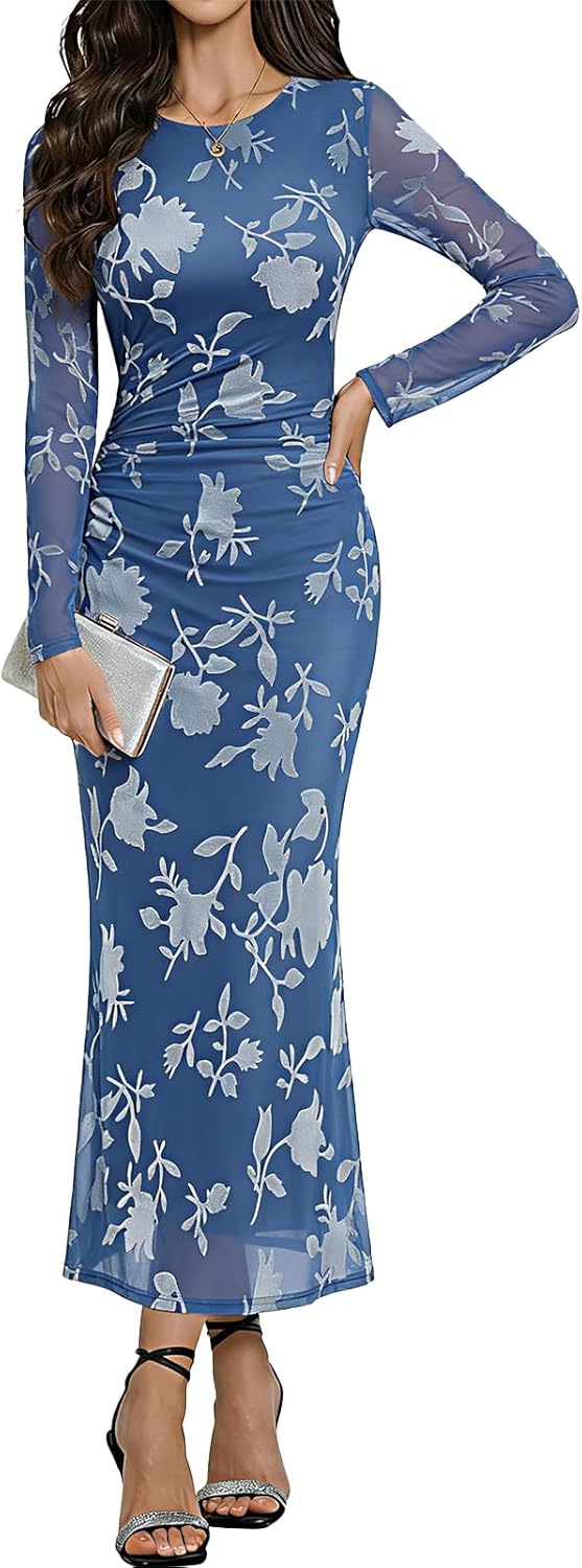 HomRain Women's Mesh Maxi Long Sleeve Floral Bodycon Dress Ruched Wedding Guest Cocktail Party Dresses