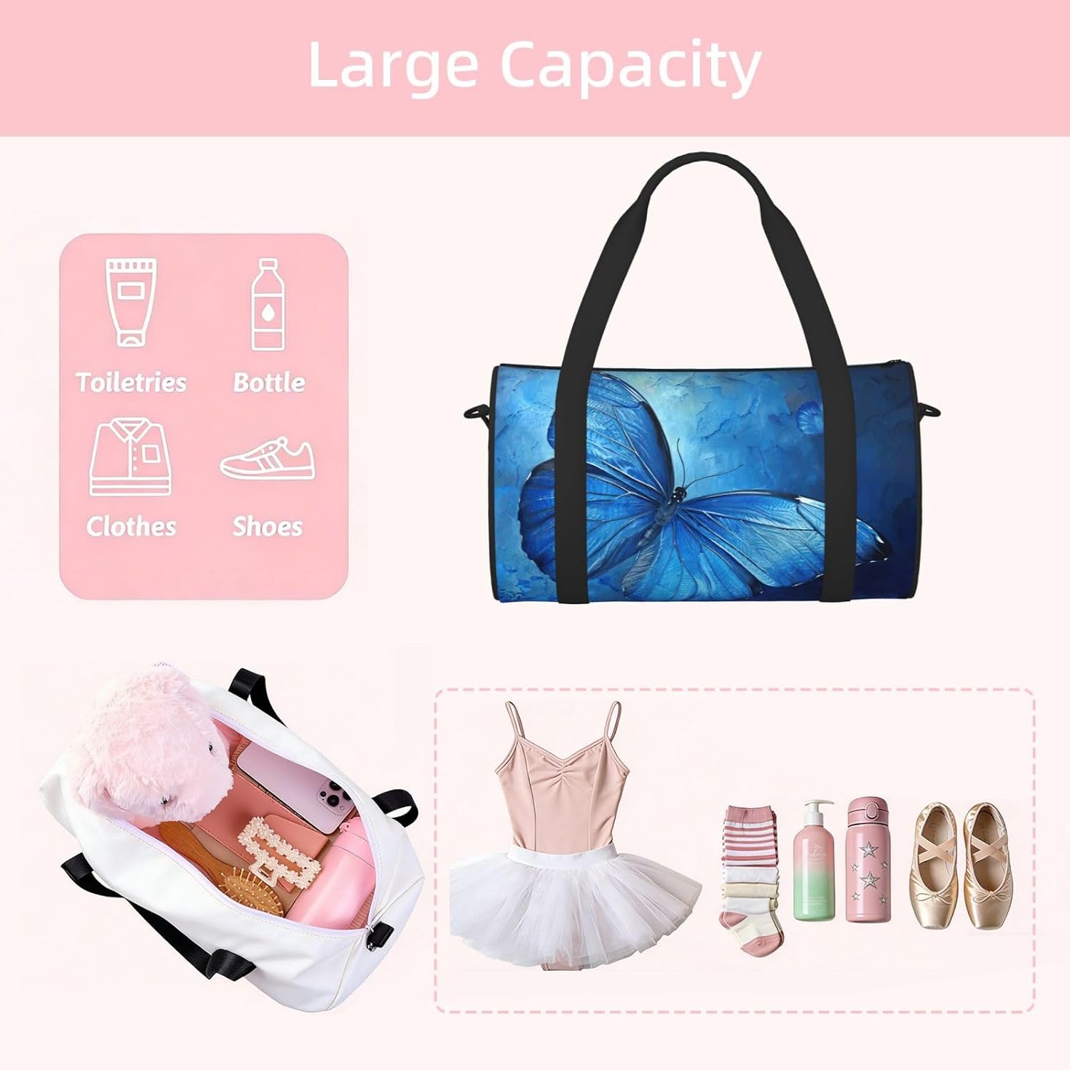 Blue Butterfly Print Sports Tote Bag Lightweight Water-Resistant Gym Backpack Travel Supplies