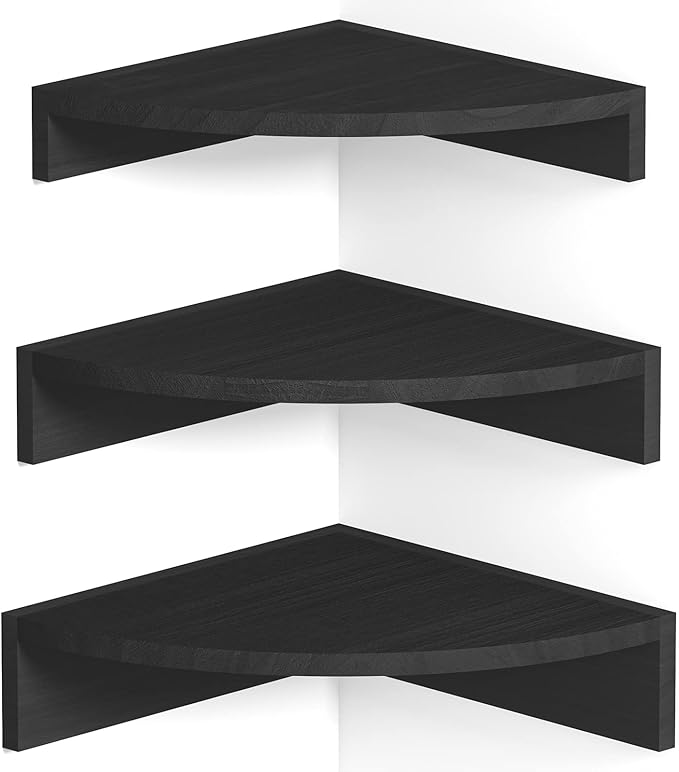 Alsonerbay Black Corner Shelf Wall Mount, Set of 3 Floating Shelves for